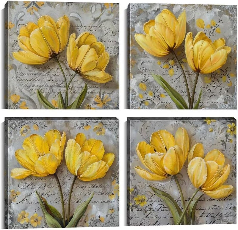 Wall HDQ Flower and Bird Wall Decor Painting for Living Room Bedroom Bathroom Home Decoration, Vintage Flower Canvas Wall Art Pictures Posters 4 Pieces Framed Artwork Ready to Hang(12''W x 12''H x4) - Image 1