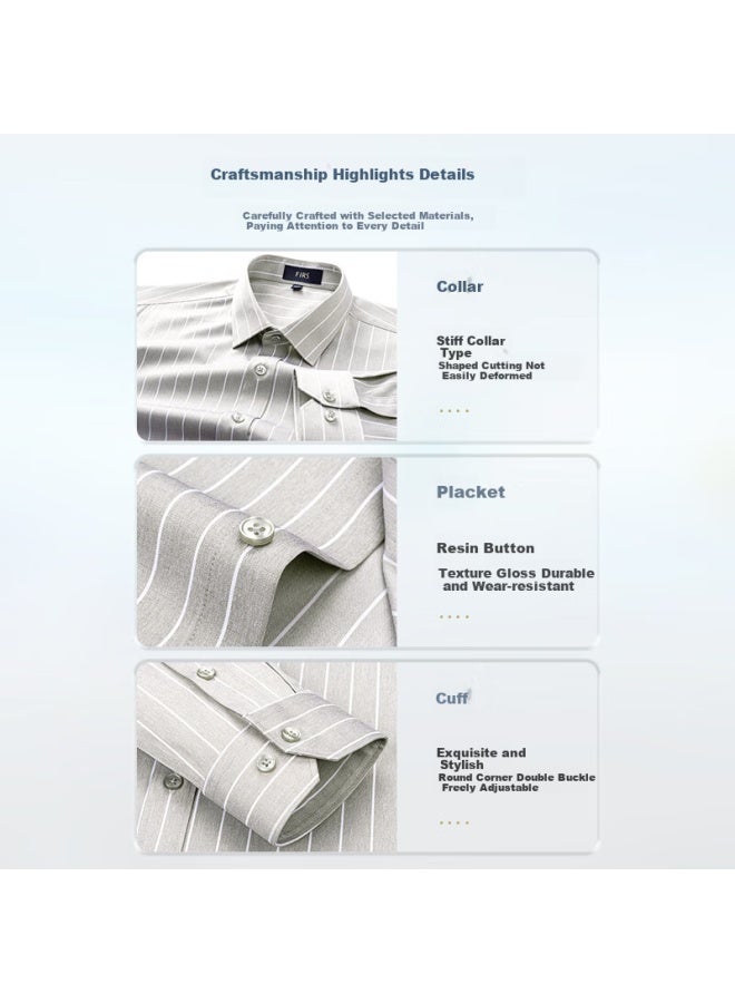 Firs Men'S 5A Antibacterial Long Sleeve Dress Shirt, Business Casual Wrinkle-Free Stretch Polyester Shirt, Khaki, Size 39