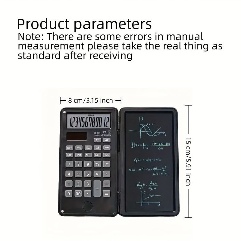 Black Scientific Calculator LCD Display Foldable Design Handwriting Pad Dual Power Solar Battery - Image 2