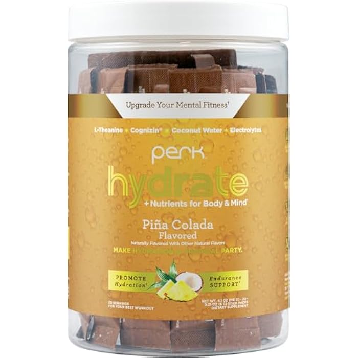 Perk Hydrate Electrolyte Stickpacks Pina Colada Flavored (20 Packets) - Coconut Water, CDP-Choline, L-Theanine, Gluten-Free - Image 1