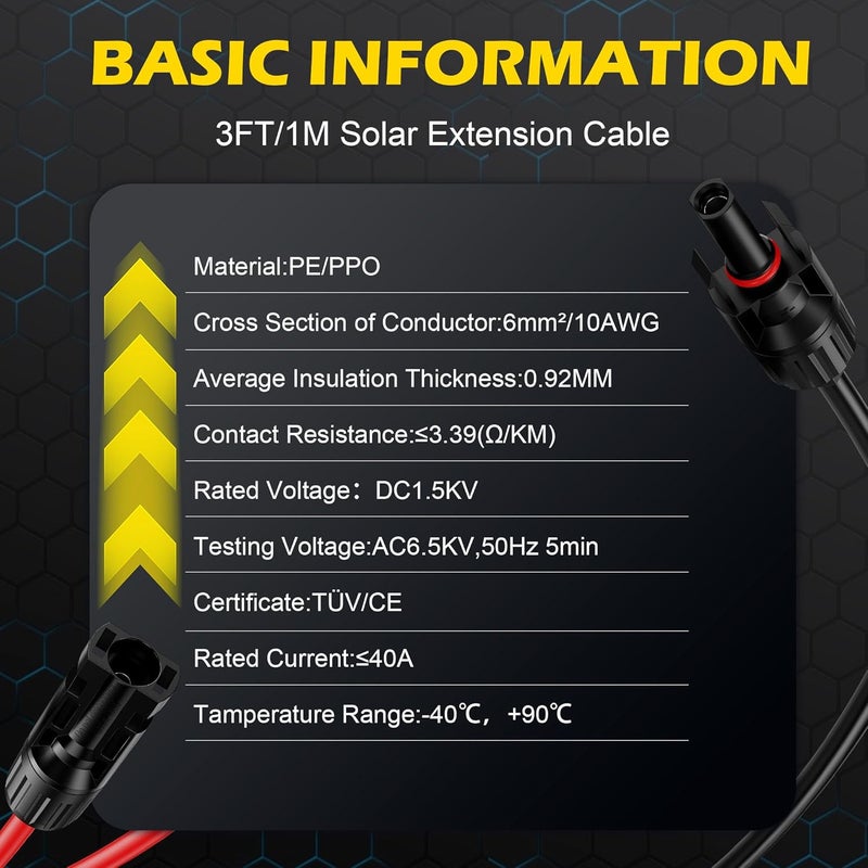 OWINUSTECH 3Ft Solar Cable Solar Extension Cable,10AWG Solar Panel ExtensionCable with Female and Male Connectors,Waterproof Solar ExtensionCable Kit (Red and Black). - Image 3