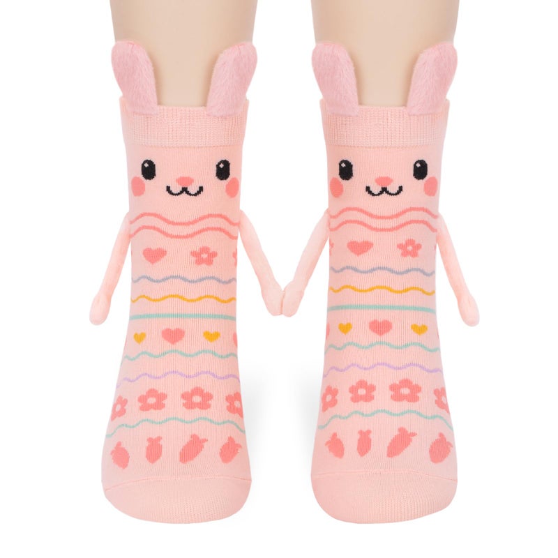 FreeNFond Easter Bunny Socks with Magnetic Holding Hands, Crazy Socks for Kids Women, Funny Gifts for Easter Basket Stuffers (Pink) - Image 1