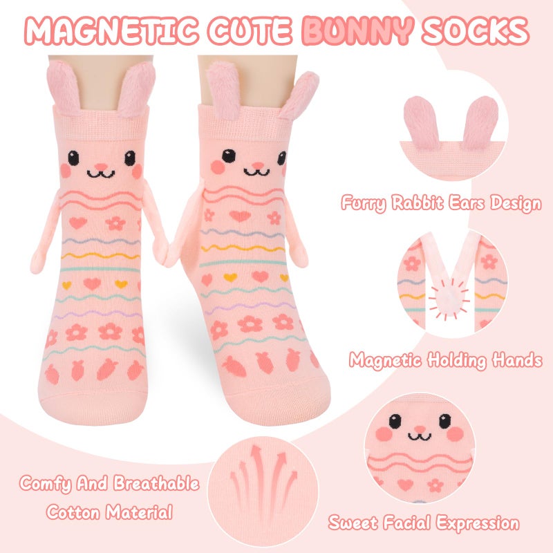 FreeNFond Easter Bunny Socks with Magnetic Holding Hands, Crazy Socks for Kids Women, Funny Gifts for Easter Basket Stuffers (Pink) - Image 3