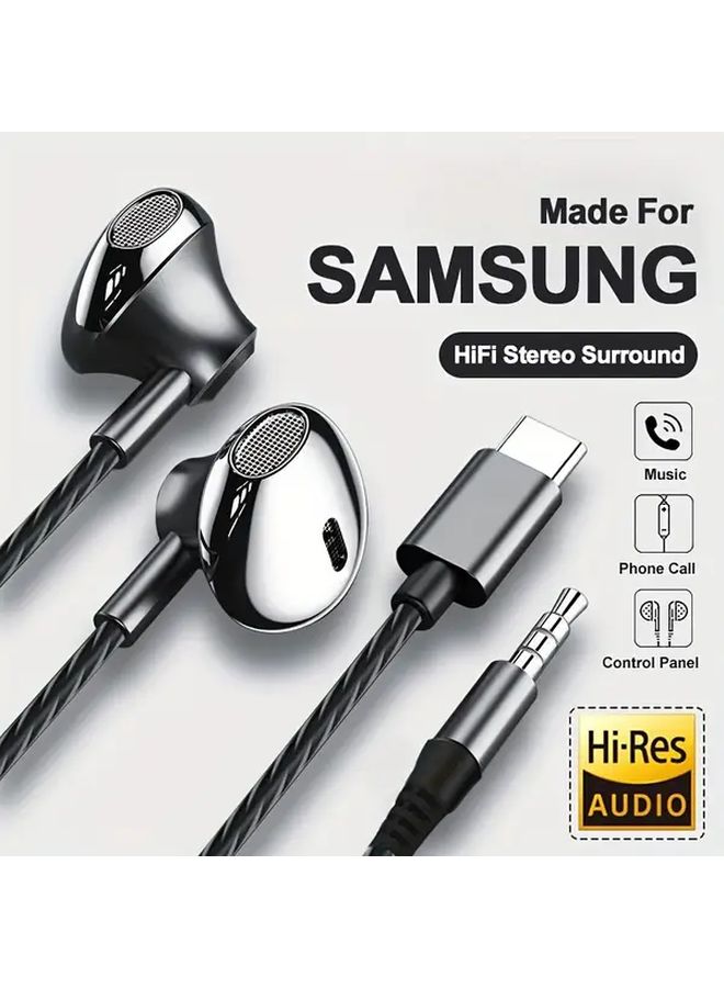 سماعات سلكية بيضاء من نوع USB-C مع مايك، بصوت ستيريو عالي الجودة مع Bass HiFi، متوافقة مع سامسونج جالاكسي وآيفون 15 برو ماكس. - Image 1
