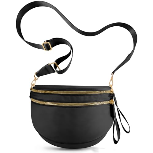 NEWROGENG Checkered Crossbody Bags for Women, Large Nylon Bum Bags Plus Size Fanny Pack Sling Bag Belt Bag for Women Travel, Pure Black - Image 1