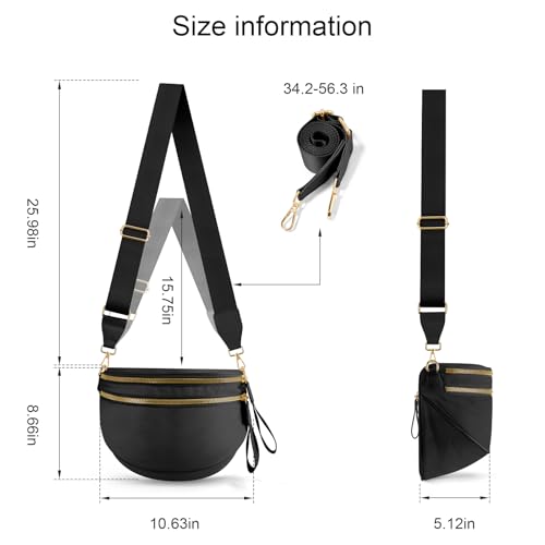 NEWROGENG Checkered Crossbody Bags for Women, Large Nylon Bum Bags Plus Size Fanny Pack Sling Bag Belt Bag for Women Travel, Pure Black - Image 4