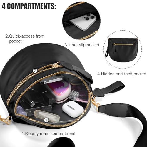 NEWROGENG Checkered Crossbody Bags for Women, Large Nylon Bum Bags Plus Size Fanny Pack Sling Bag Belt Bag for Women Travel, Pure Black - Image 5
