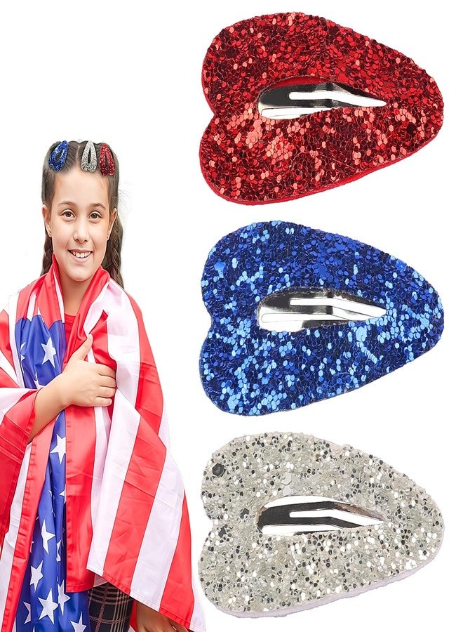 DIUEWOW 3Colors 4th of July Hair Clips Glitter Sequin Patriotic Hairpins Hair Barrettes Sparkly Red, White and Blue Snap Clips Independence Day Hair Grips Heart Shap Claw Clips for Memorial Themed Party - Image 1