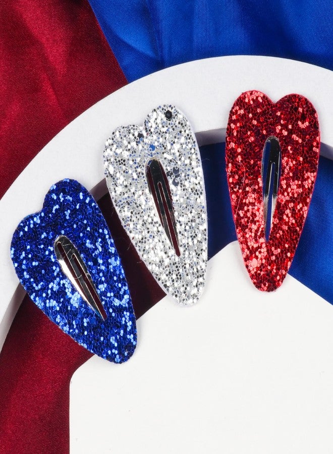 DIUEWOW 3Colors 4th of July Hair Clips Glitter Sequin Patriotic Hairpins Hair Barrettes Sparkly Red, White and Blue Snap Clips Independence Day Hair Grips Heart Shap Claw Clips for Memorial Themed Party - Image 2