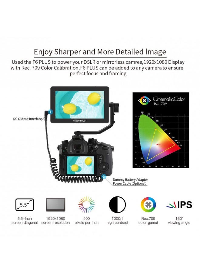 Feelworld FEELWORLD F6 Plus 6 Inch Touch Screen DSLR Camera Field Monitor with 3D Lut Small Full HD 1920x1080 IPS Screen Suppor 4K HDMI Include Tilt Arm +Battery + Charger  - Image 3