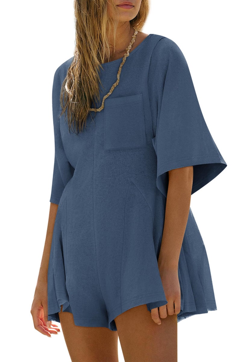Yousify Rompers for Women 2025 Spring Clothes Summer Vacation Loose Romper Dress Draped Sleeves Short Jumpsuits Blue Grey M - Image 1