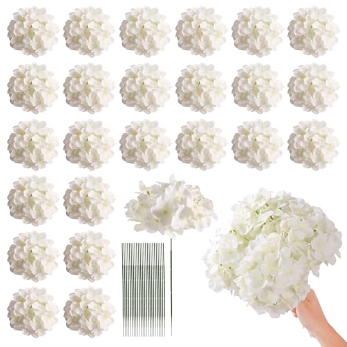 Tifuly 24 Pcs White Hydrangea Artificial Flowers Bulk Faux Hydrangea Full Flowers Heads with Stems Fake Silk Flowers for Wedding Garden Home Party Decoration - Image 1