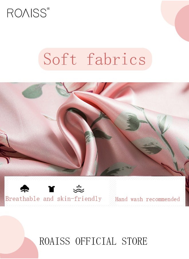 roaiss 5 PCS Pajama Sets for Women Sweet Floral Printing Lace Edge Homewear Ladies Nightwear Silky Clothes Suits Spring Summer Sleepwear Sling with Chest Pad Nightdress(Suspender Top + Suspender Skirt + Nightgown + Shorts + Trousers)Pink  - Image 4