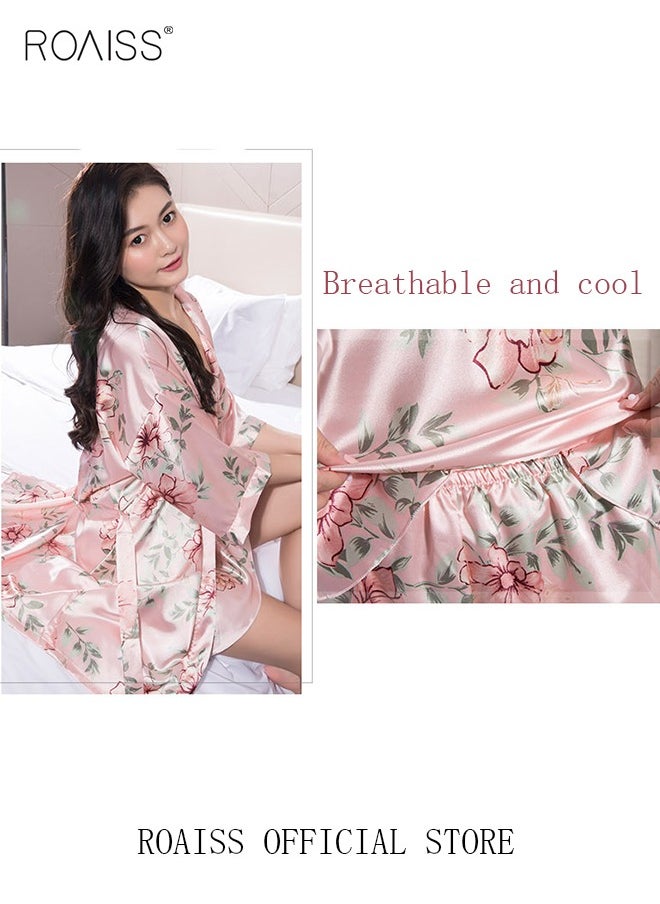 roaiss 5 PCS Pajama Sets for Women Sweet Floral Printing Lace Edge Homewear Ladies Nightwear Silky Clothes Suits Spring Summer Sleepwear Sling with Chest Pad Nightdress(Suspender Top + Suspender Skirt + Nightgown + Shorts + Trousers)Pink  - Image 3