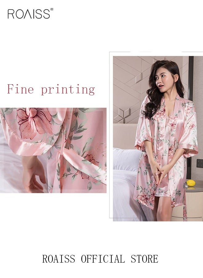 roaiss 5 PCS Pajama Sets for Women Sweet Floral Printing Lace Edge Homewear Ladies Nightwear Silky Clothes Suits Spring Summer Sleepwear Sling with Chest Pad Nightdress(Suspender Top + Suspender Skirt + Nightgown + Shorts + Trousers)Pink  - Image 2