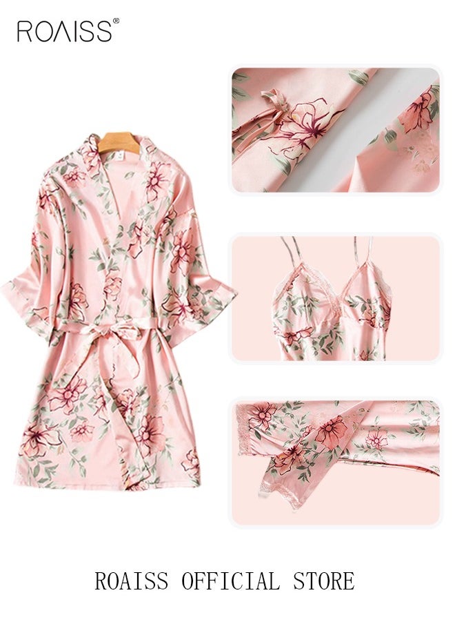 roaiss 5 PCS Pajama Sets for Women Sweet Floral Printing Lace Edge Homewear Ladies Nightwear Silky Clothes Suits Spring Summer Sleepwear Sling with Chest Pad Nightdress(Suspender Top + Suspender Skirt + Nightgown + Shorts + Trousers)Pink  - Image 5