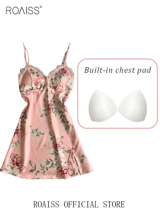 roaiss 5 PCS Pajama Sets for Women Sweet Floral Printing Lace Edge Homewear Ladies Nightwear Silky Clothes Suits Spring Summer Sleepwear Sling with Chest Pad Nightdress(Suspender Top + Suspender Skirt + Nightgown + Shorts + Trousers)Pink  - Image 5
