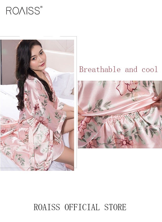 roaiss 5 PCS Pajama Sets for Women Sweet Floral Printing Lace Edge Homewear Ladies Nightwear Silky Clothes Suits Spring Summer Sleepwear Sling with Chest Pad Nightdress(Suspender Top + Suspender Skirt + Nightgown + Shorts + Trousers)Pink  - Image 2