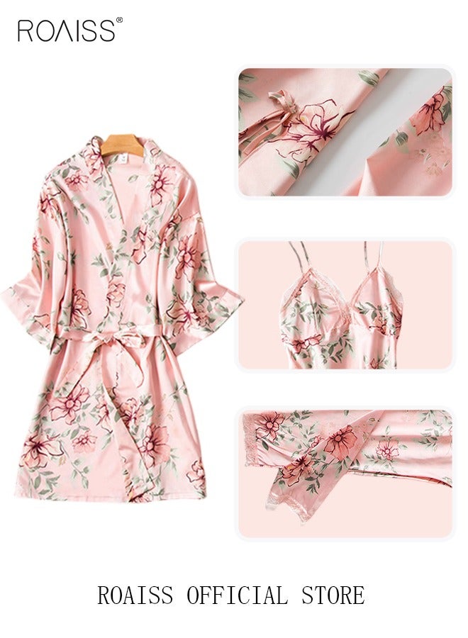 roaiss 5 PCS Pajama Sets for Women Sweet Floral Printing Lace Edge Homewear Ladies Nightwear Silky Clothes Suits Spring Summer Sleepwear Sling with Chest Pad Nightdress(Suspender Top + Suspender Skirt + Nightgown + Shorts + Trousers)Pink  - Image 4