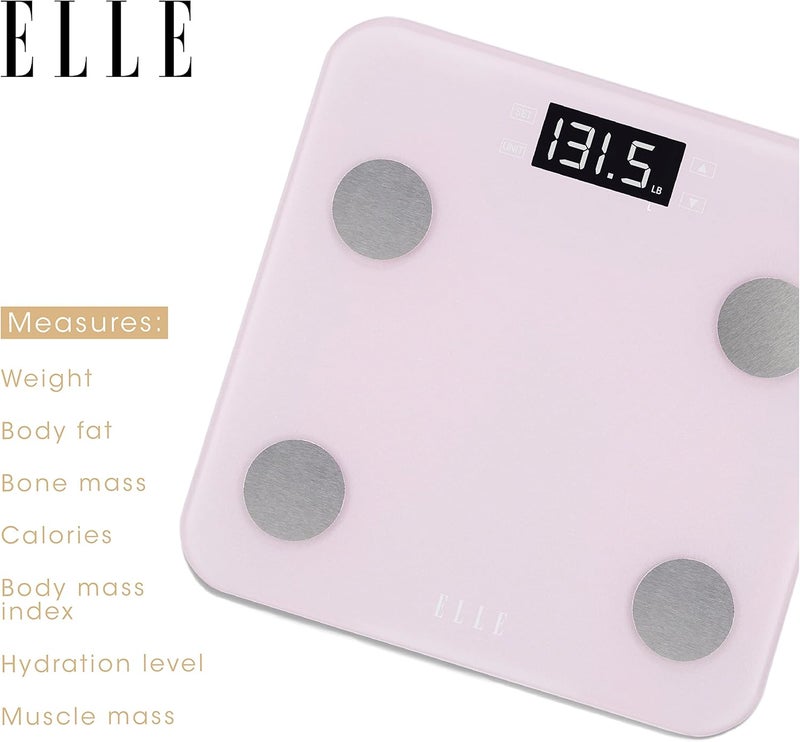 ELLE ميزان تحليل الجسم الرقمي من ELLE مع تتبع الوزن والسعرات الحرارية وكتلة العضلات وكتلة العظام ومستوى الترطيب ونسبة الدهون في الجسم وشاشة LCD بنفسجية بسعة 400 رطل - Image 3