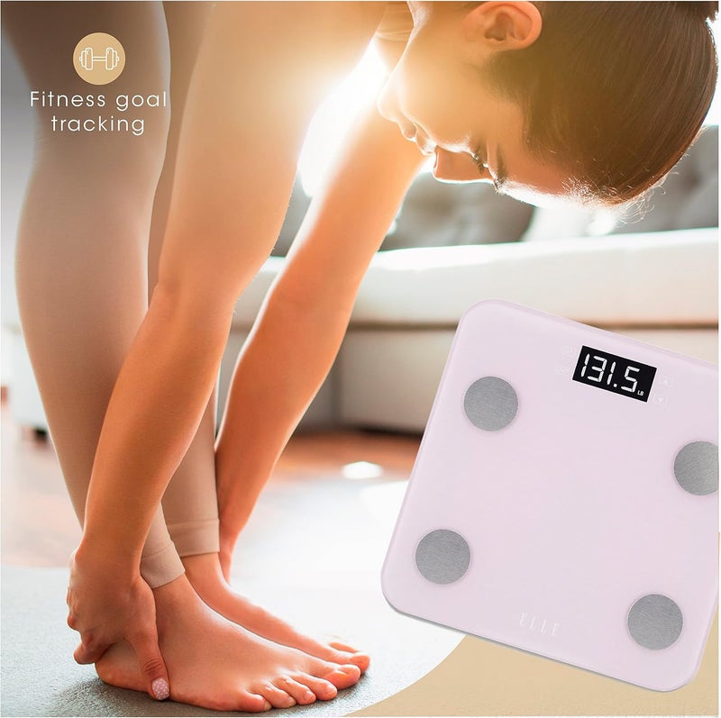 ELLE ميزان تحليل الجسم الرقمي من ELLE مع تتبع الوزن والسعرات الحرارية وكتلة العضلات وكتلة العظام ومستوى الترطيب ونسبة الدهون في الجسم وشاشة LCD بنفسجية بسعة 400 رطل - Image 5