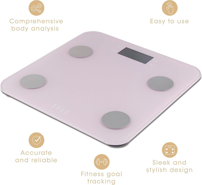 ELLE ميزان تحليل الجسم الرقمي من ELLE مع تتبع الوزن والسعرات الحرارية وكتلة العضلات وكتلة العظام ومستوى الترطيب ونسبة الدهون في الجسم وشاشة LCD بنفسجية بسعة 400 رطل - Image 4