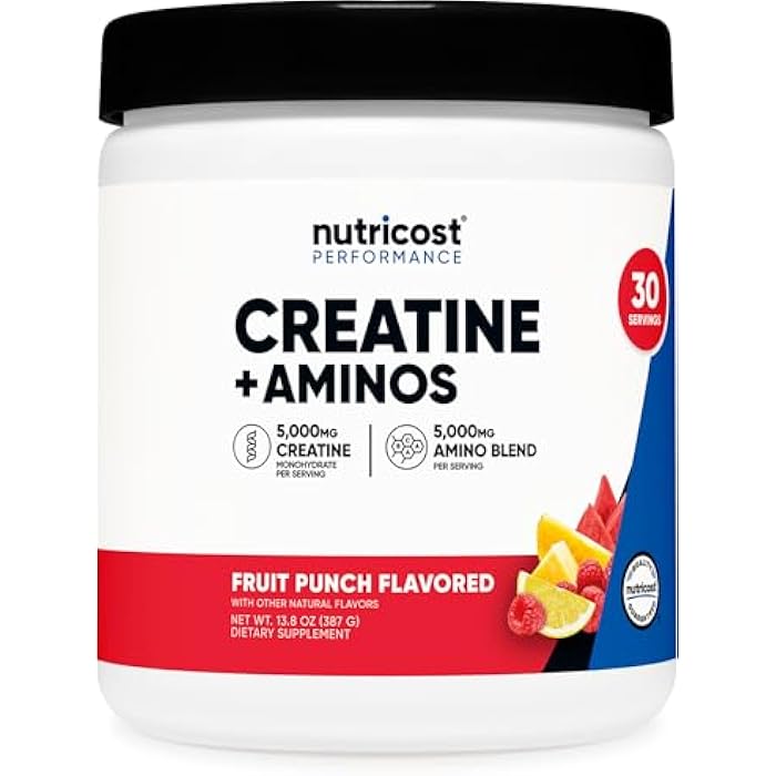 Nutricost Creatine + Aminos 30 Servings (Fruit Punch Flavored) - 5,000mg Creatine Monohydrate + 5000mg Amino BCAA Blend Per Serving - Image 1