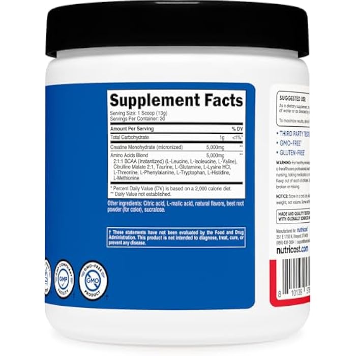 Nutricost Creatine + Aminos 30 Servings (Fruit Punch Flavored) - 5,000mg Creatine Monohydrate + 5000mg Amino BCAA Blend Per Serving - Image 5