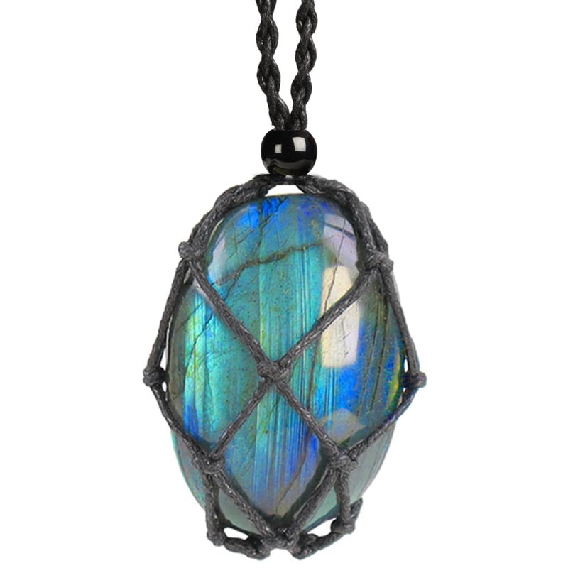 weryerker Natural Gemstone Labradorite Pendant Necklace Healing Crystal Stone Pendant with Hand-Woven Rope Adjustable for Women Men (1PC Labradorite) - Image 1