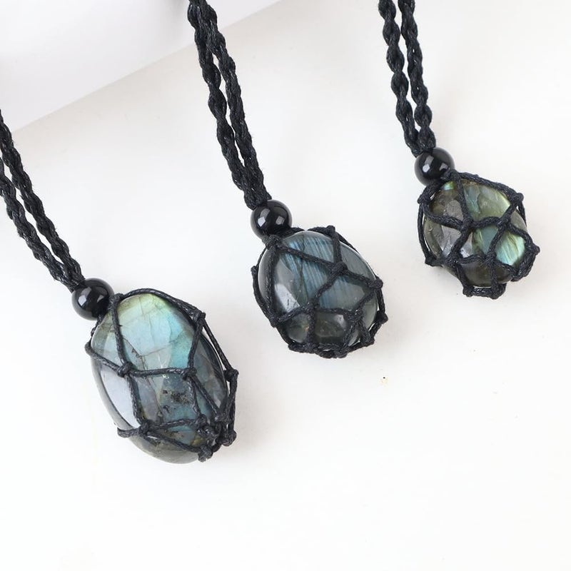 weryerker Natural Gemstone Labradorite Pendant Necklace Healing Crystal Stone Pendant with Hand-Woven Rope Adjustable for Women Men (1PC Labradorite) - Image 3