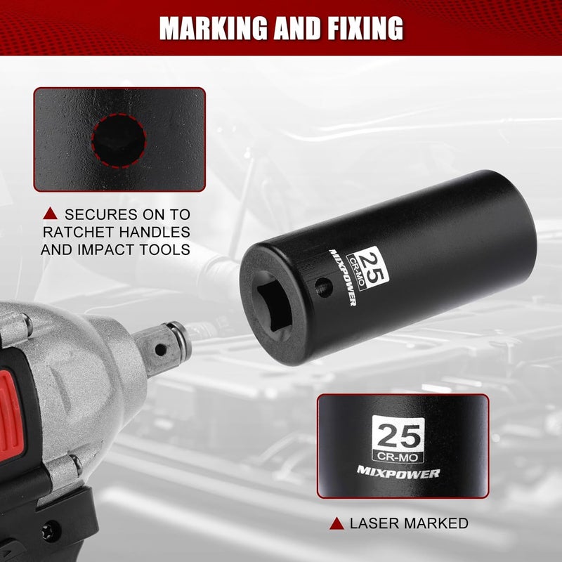 MIXPOWER 1/2" Drive Deep Impact Socket,CR-MO,25mm,6 Point, Radius Corner Design, Axle Nut Impact Grade Socket for Easy Removal - Image 5