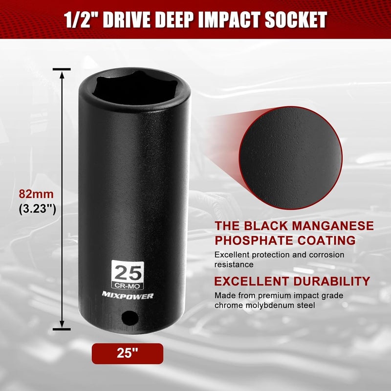 MIXPOWER 1/2" Drive Deep Impact Socket,CR-MO,25mm,6 Point, Radius Corner Design, Axle Nut Impact Grade Socket for Easy Removal - Image 3