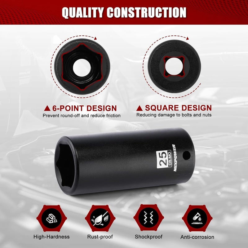 MIXPOWER 1/2" Drive Deep Impact Socket,CR-MO,25mm,6 Point, Radius Corner Design, Axle Nut Impact Grade Socket for Easy Removal - Image 4
