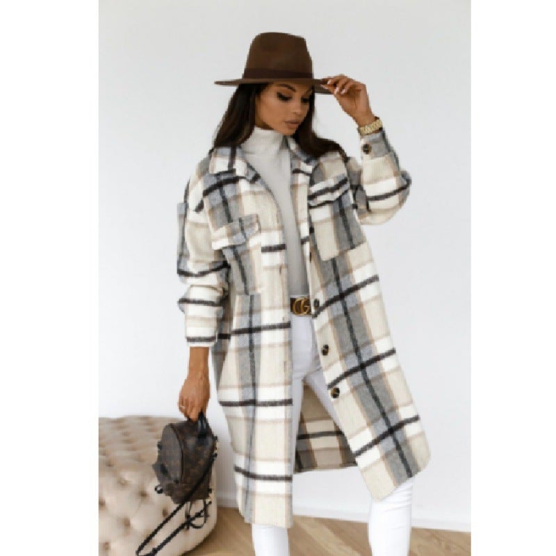 Cross-border Europe and the United States Amazon autumn and winter new womens long sleeve plaid printed long woolen coat womens fashion Gray 