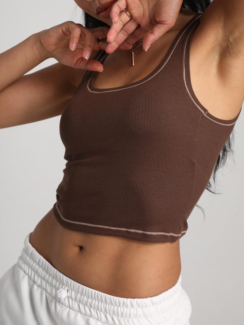 Danysu Women Cotton Rib Tank Top with Built in Bra Square Neck Crop Tank Fitted Basic Tops Cocoa M - Image 2