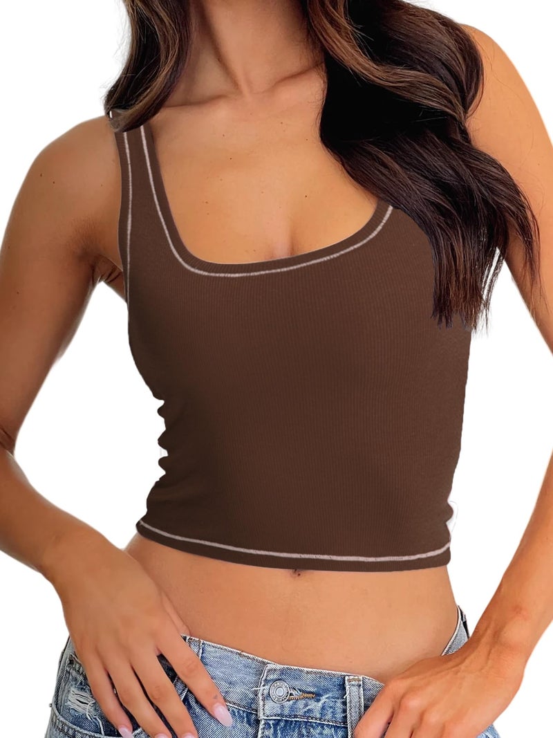 Danysu Women Cotton Rib Tank Top with Built in Bra Square Neck Crop Tank Fitted Basic Tops Cocoa M - Image 1