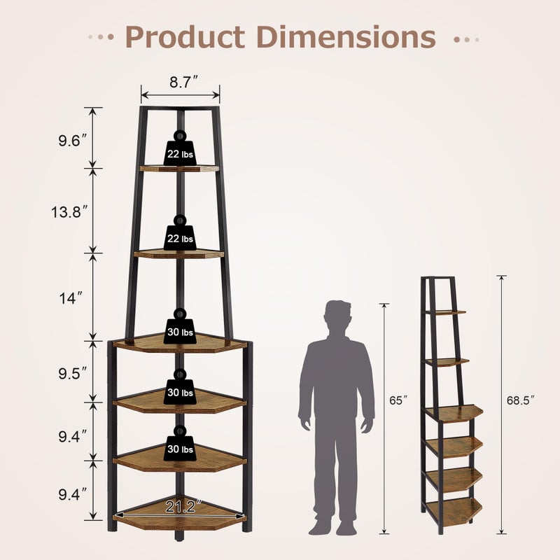 VECELO 6 Tier Corner Shelf 69 Inch Industrial Bookshelf with Metal Frame, Multipurpose Tall Plant Stand with Opening Display Shelves for Living Room, Bedroom, Home Office, Small Space, Brown - Image 2