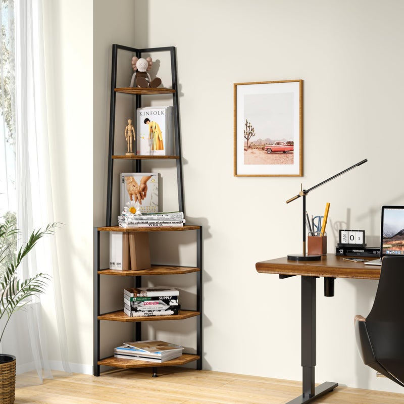 VECELO 6 Tier Corner Shelf 69 Inch Industrial Bookshelf with Metal Frame, Multipurpose Tall Plant Stand with Opening Display Shelves for Living Room, Bedroom, Home Office, Small Space, Brown - Image 3