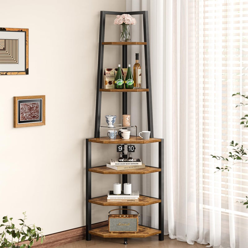 VECELO 6 Tier Corner Shelf 69 Inch Industrial Bookshelf with Metal Frame, Multipurpose Tall Plant Stand with Opening Display Shelves for Living Room, Bedroom, Home Office, Small Space, Brown - Image 1
