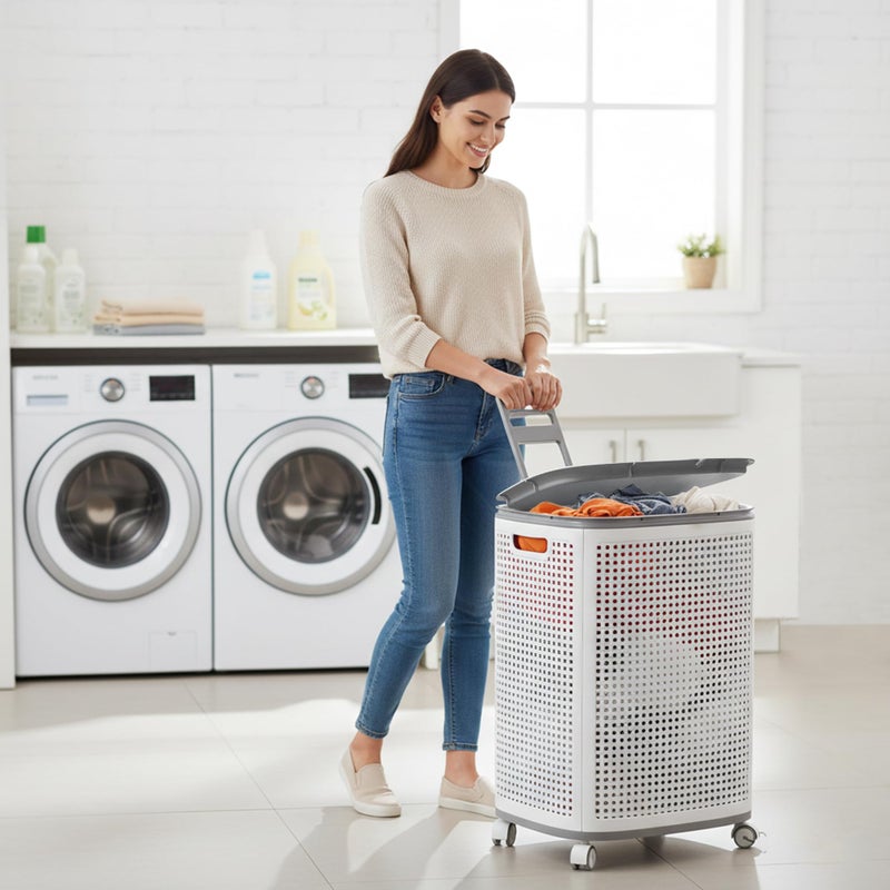 Sufdari 90L Laundry Basket with Wheels, Rolling Laundry Hamper with Lid and Handles, Plastic Rattan Clothes Organizer, Dirty Clothes Basket for Laundry Room, Bedroom, Dormitory Storage - Image 4