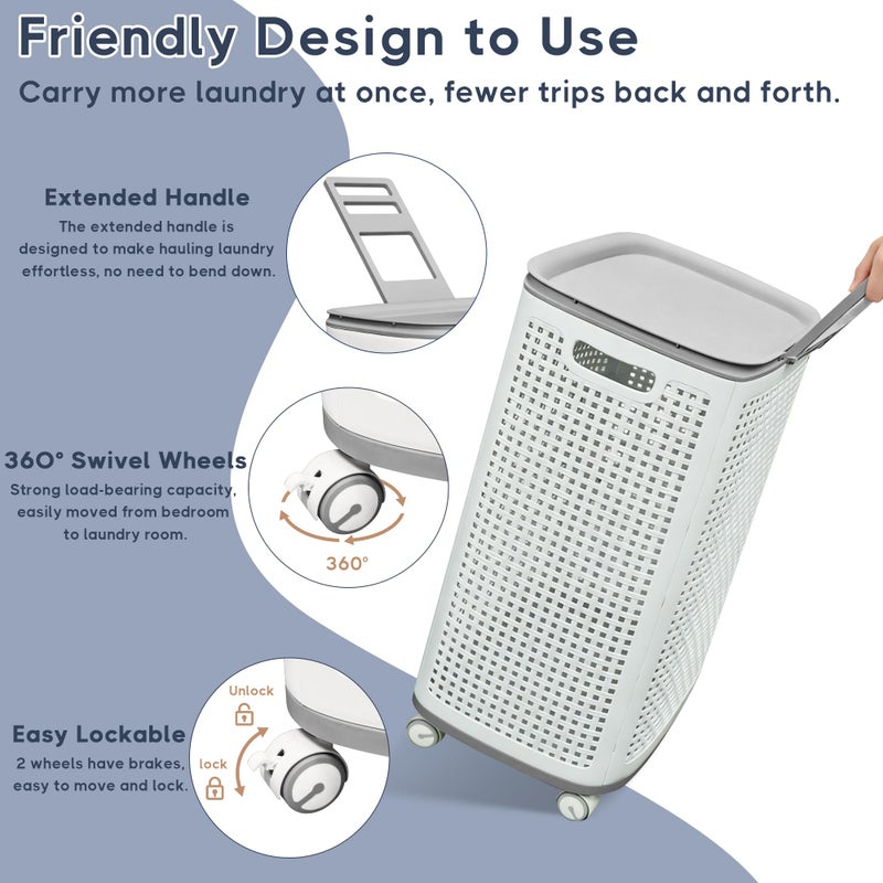 Sufdari 90L Laundry Basket with Wheels, Rolling Laundry Hamper with Lid and Handles, Plastic Rattan Clothes Organizer, Dirty Clothes Basket for Laundry Room, Bedroom, Dormitory Storage - Image 5