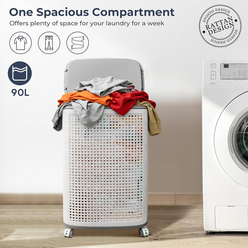 Sufdari 90L Laundry Basket with Wheels, Rolling Laundry Hamper with Lid and Handles, Plastic Rattan Clothes Organizer, Dirty Clothes Basket for Laundry Room, Bedroom, Dormitory Storage - Image 3