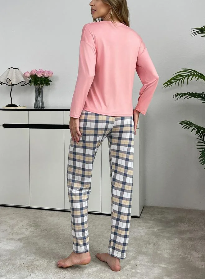 Take Two Take Two Pink Solid T-Shirt and Checked Pyjama Set