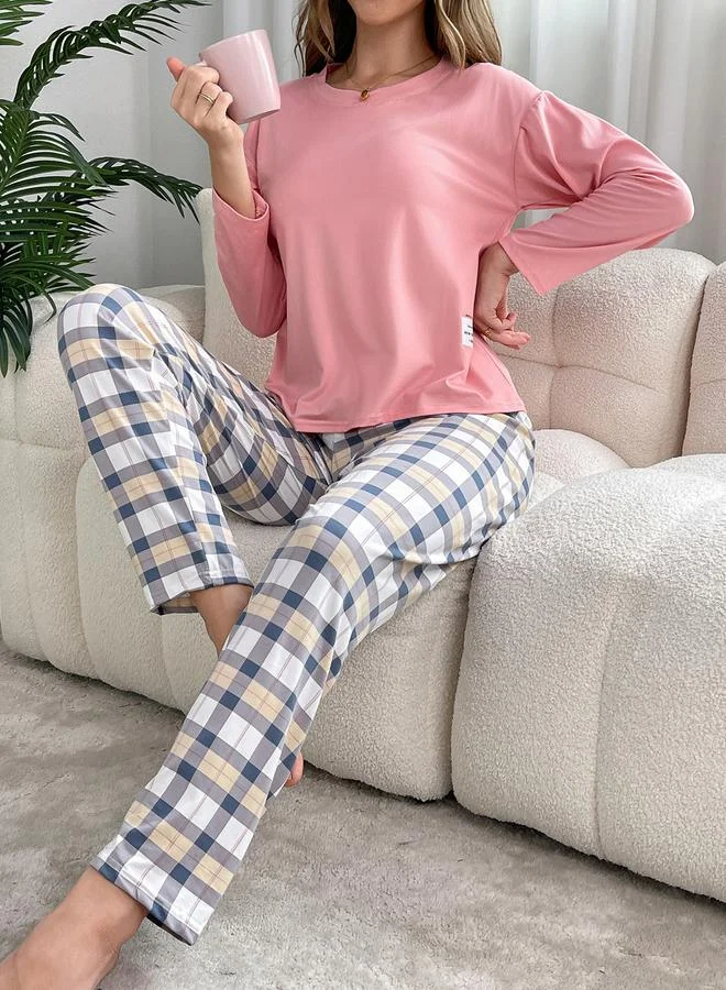 Take Two Take Two Pink Solid T-Shirt and Checked Pyjama Set