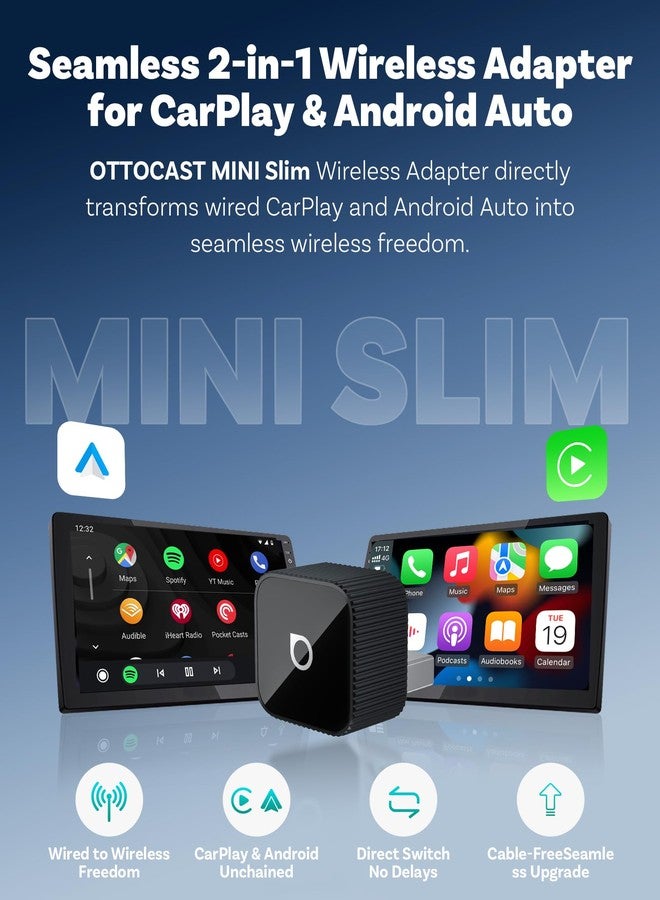 OTTOCAST 2026 Upgrade Mini Cube 3.0, 2-in-1 Wireless CarPlay & Android Auto Adapter, Plug & Play Dongle, Fast Auto-Reconnect, Dual-Band 5Ghz, for Cars with Wired CarPlay & Android Auto (Black) - Image 2