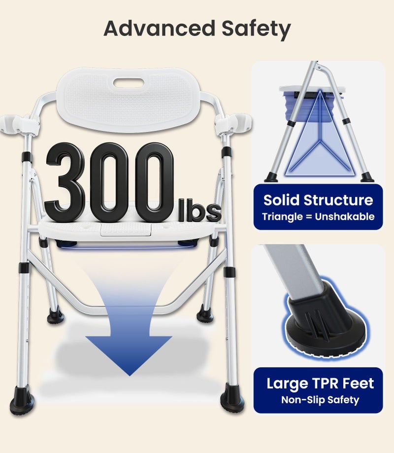 VOCIC Folding Shower Chair for Inside Shower, Lab-Tested 300lbs Heavy Duty Shower Seat for Elderly & Disabled, Flip-Up Arms, Cutout Seat, Height Adjustable Back & Legs, Portable Shower Commode Chair - Image 4