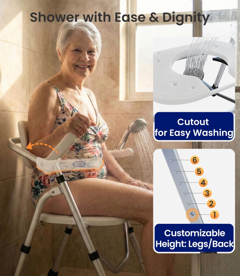 VOCIC Folding Shower Chair for Inside Shower, Lab-Tested 300lbs Heavy Duty Shower Seat for Elderly & Disabled, Flip-Up Arms, Cutout Seat, Height Adjustable Back & Legs, Portable Shower Commode Chair - Image 5