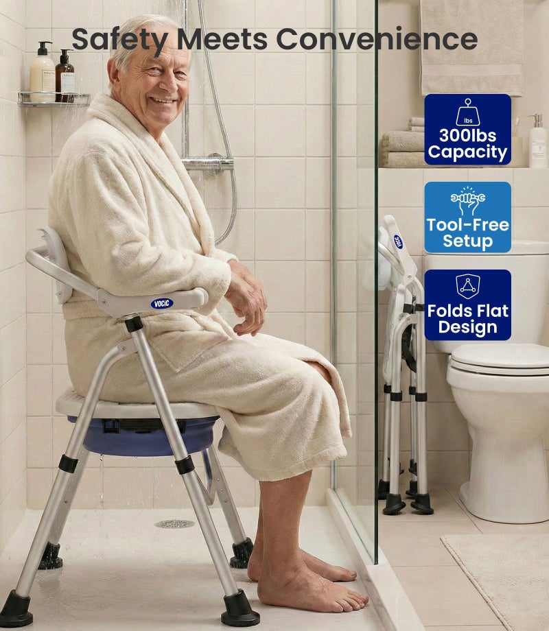 VOCIC Folding Shower Chair for Inside Shower, Lab-Tested 300lbs Heavy Duty Shower Seat for Elderly & Disabled, Flip-Up Arms, Cutout Seat, Height Adjustable Back & Legs, Portable Shower Commode Chair - Image 2