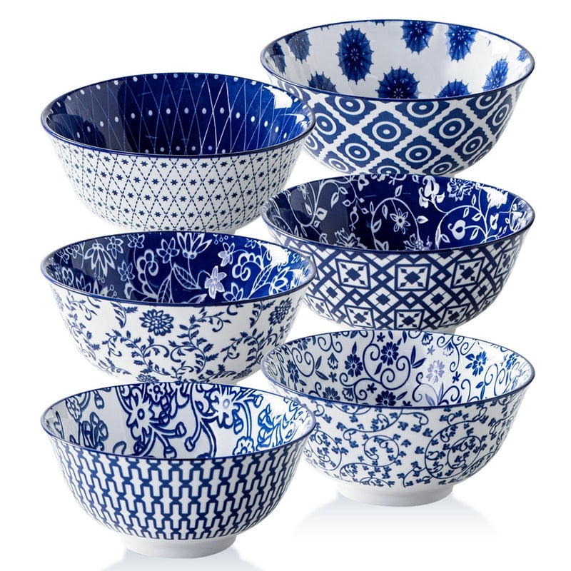 Cerkik Ceramic Soup Bowls Set - 24 Oz Deep Cereal Bowl for Kitchen - 6 Inch Large Porcelain Dinner Bowl Eating Salad Pasta Dessert Oatmeal - Microwave Dishwasher Safe - Set of 6 - Vintage Blue - Image 1