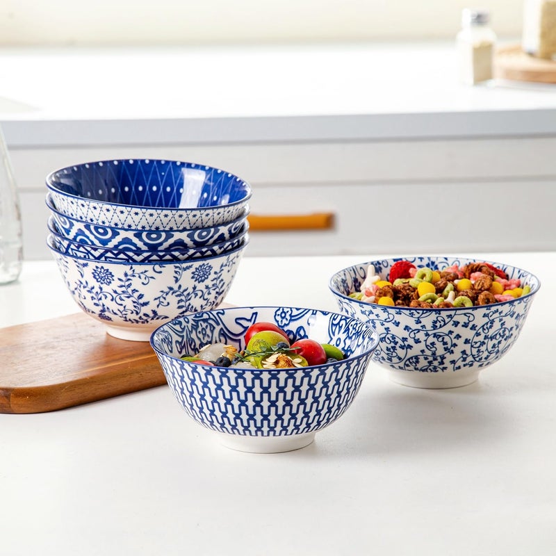 Cerkik Ceramic Soup Bowls Set - 24 Oz Deep Cereal Bowl for Kitchen - 6 Inch Large Porcelain Dinner Bowl Eating Salad Pasta Dessert Oatmeal - Microwave Dishwasher Safe - Set of 6 - Vintage Blue - Image 3